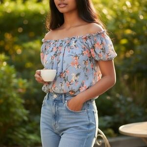 American Eagle Outfitters Floral Blue Off Shoulder Top M